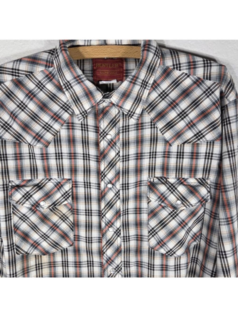 Vtg Rustler Pearl Snap Western Plaid Shirt X-Long Tails L Red Black Long Sleeve - Picture 10 of 15